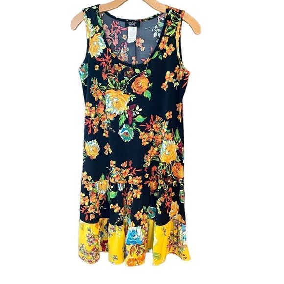 MSK Sz PM Black Yellow Cottagecore Sleeveless Scoop Neck Flounce Hem Dress - Picture 1 of 7